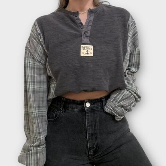 Reworked Upcycled Henley Redhead Gray Long Sleeved Flannel Shirt - Picture 1 of 2